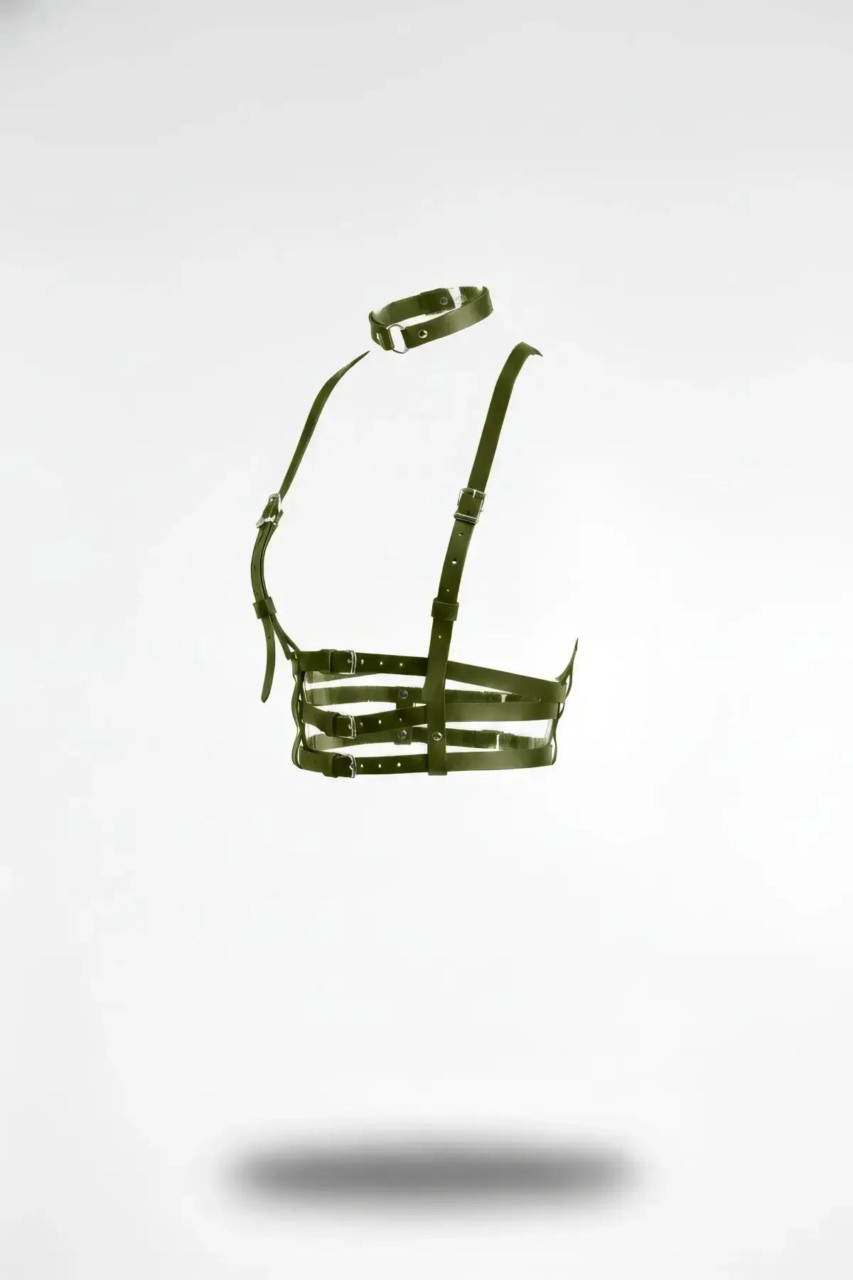 Dark olive vegan leather multi-strap caged chest harness with matching choker and silver chrome buckles
