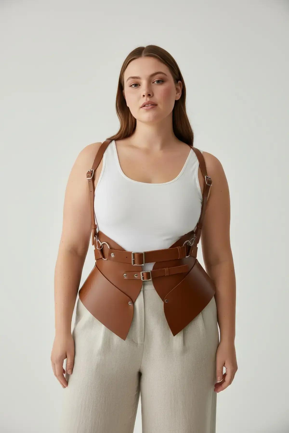 double-belt waist harness in caramel faux leather with gold-tone pin-buckle closures front view