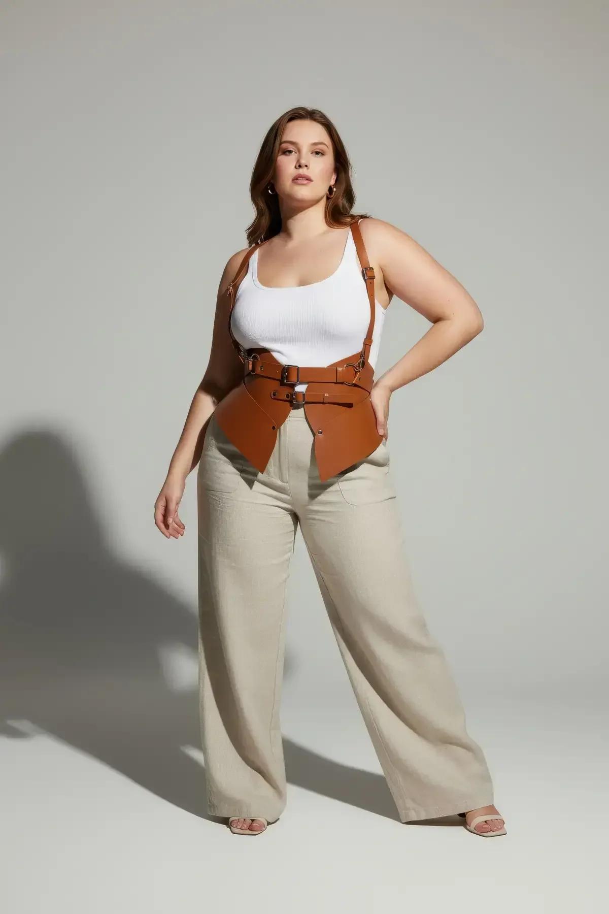 close-up of caramel vegan leather hip panel and gold zinc-alloy O-ring hardware detail