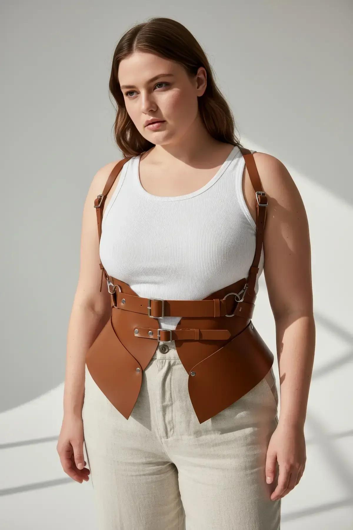 plus size body harness with caramel hip panels and adjustable shoulder straps full length view