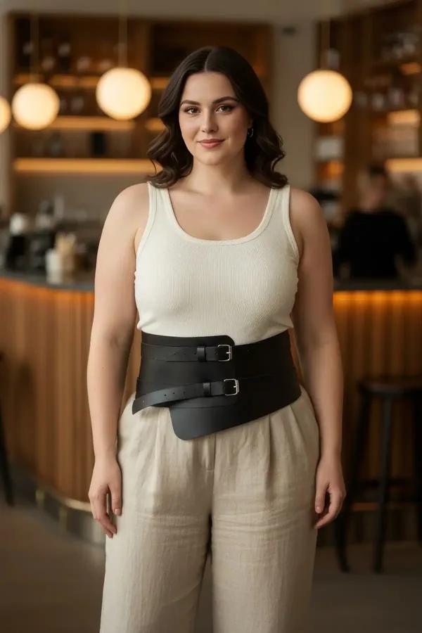 black faux leather wide waspie belt asymmetric panel with dual silver buckle closure worn at natural waist