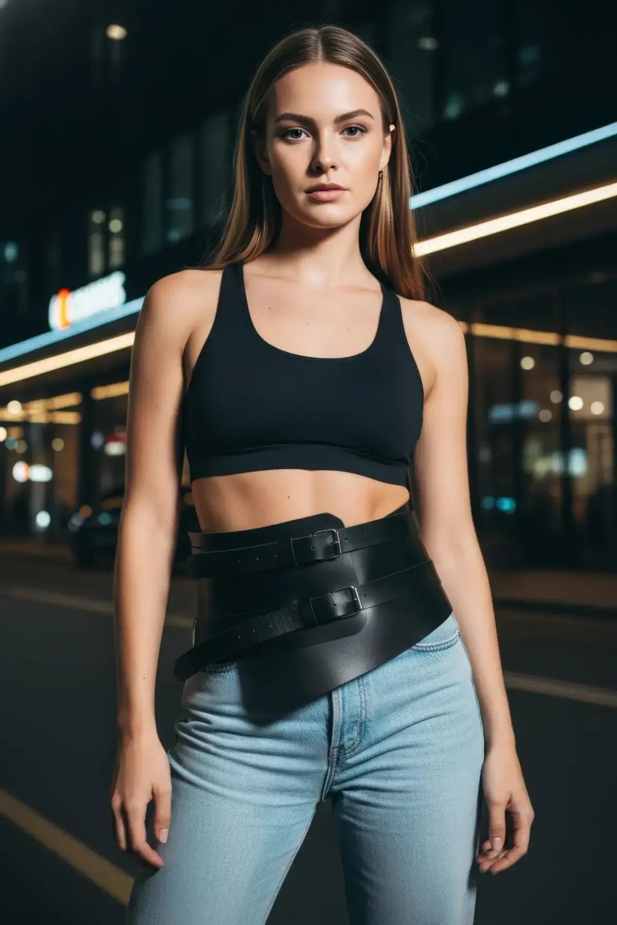 black faux leather asymmetric waist belt harness with double matte square buckles worn over crop top and jeans