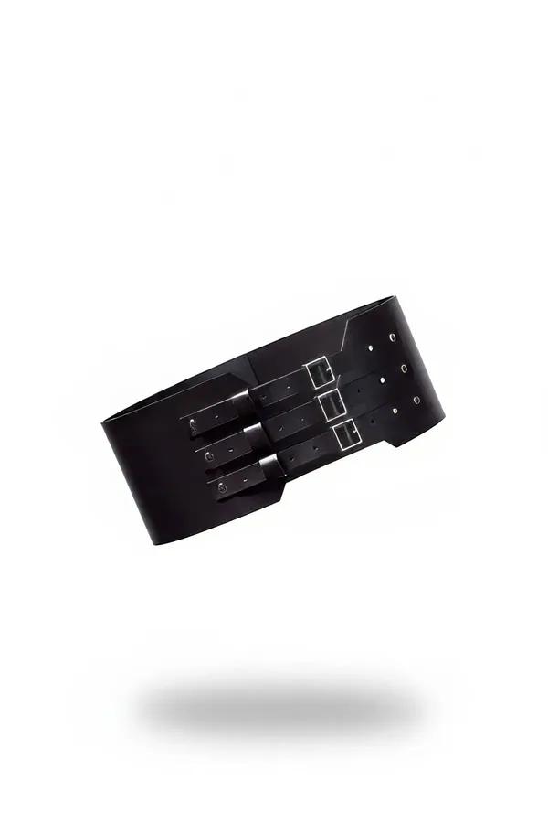 black wide faux leather underbust belt with three silver-tone square buckle straps and grommet eyelets