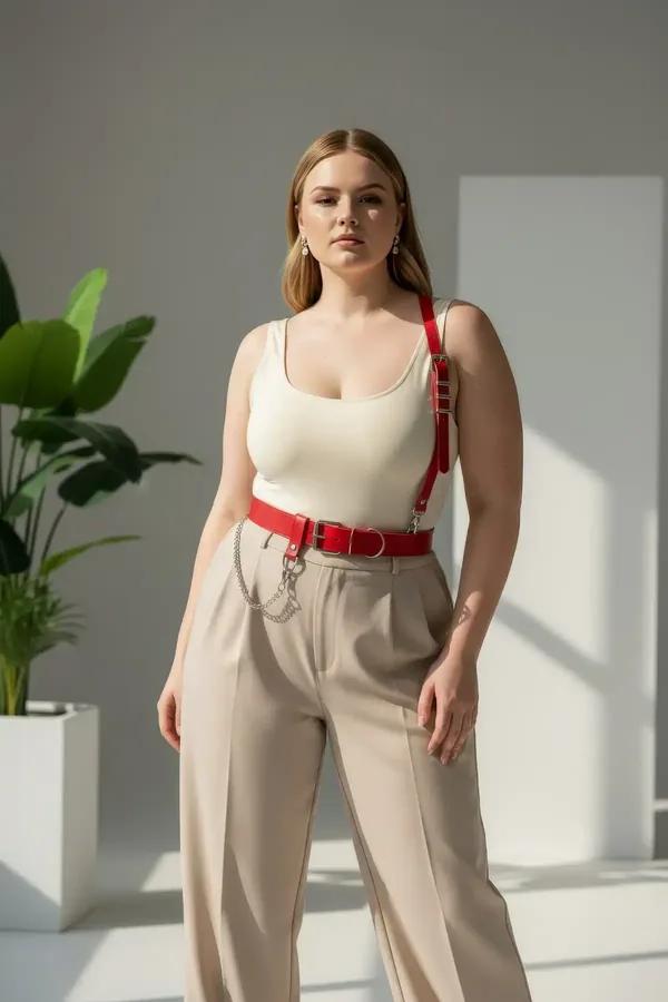 Red faux leather harness belt with single right shoulder strap, silver O-ring buckle, and detachable silver chain at waist