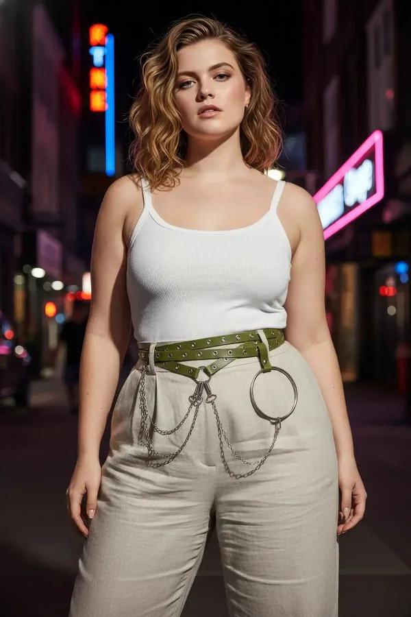olive green faux leather belt harness with dual grommet rows silver draped chains and center O-ring worn at waist