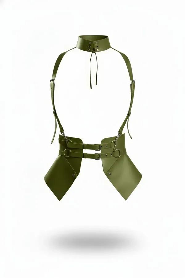olive vegan leather high collar body harness with geometric diamond detachable hip panels and silver-tone O-ring hardware
