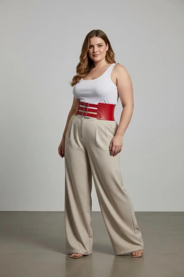 red faux leather wide waist harness with three gold-tone buckles worn over cream tank and wide-leg trousers