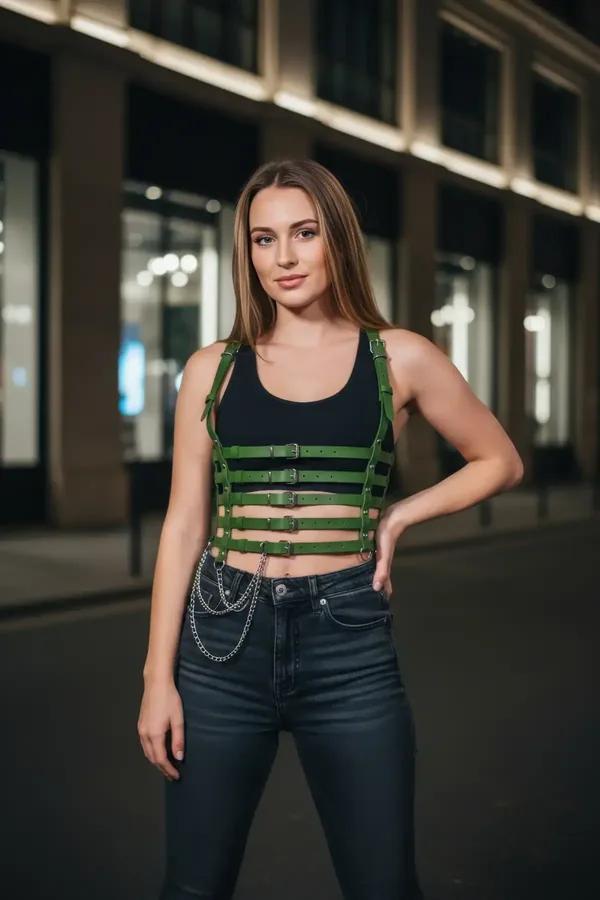 haki vegan deri çok tokalı vücut kemeri gümüş zincir detaylı omuz askılı harness aksesuar
