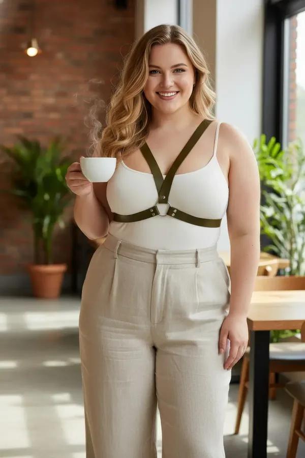 olive green faux leather o-ring chest harness with gold-tone hardware worn over white tank top plus size model