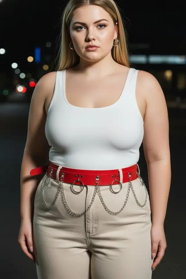 Red faux leather waist harness belt with silver O-rings and draped chains worn over cream top and beige pleated skirt