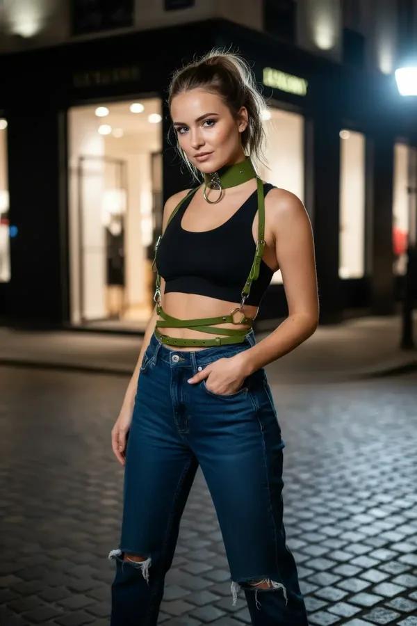 olive faux leather body harness with wide choker silver O-ring and crisscross waist straps worn over black bralette