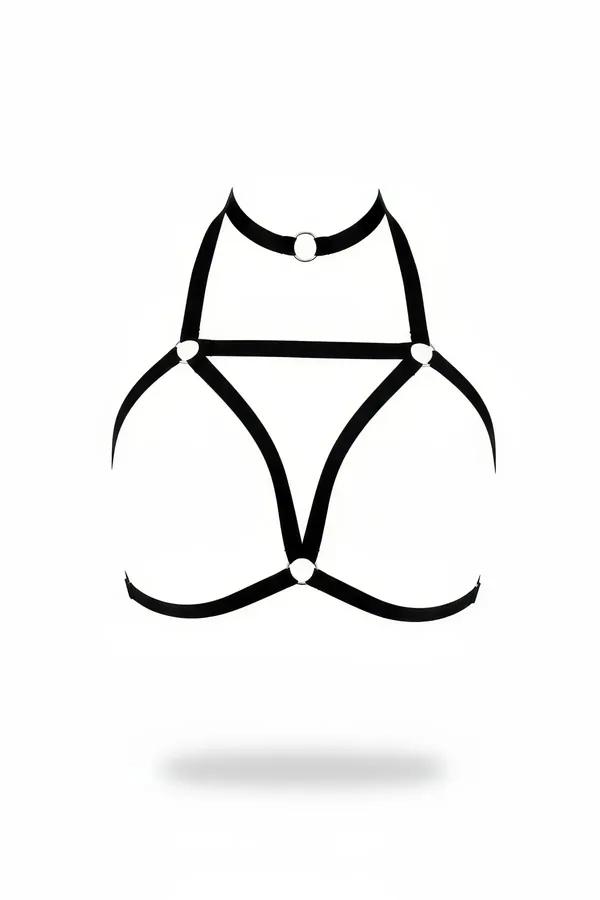 black elastic high neck chest harness with four silver O-rings at collar and strap junctions, geometric cage panel front view