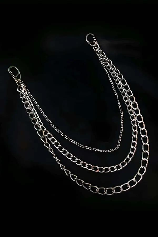gümüş üç katlı zincir choker boyun aksesuarı arkadan bağlamalı curb ve ince zincir detayı