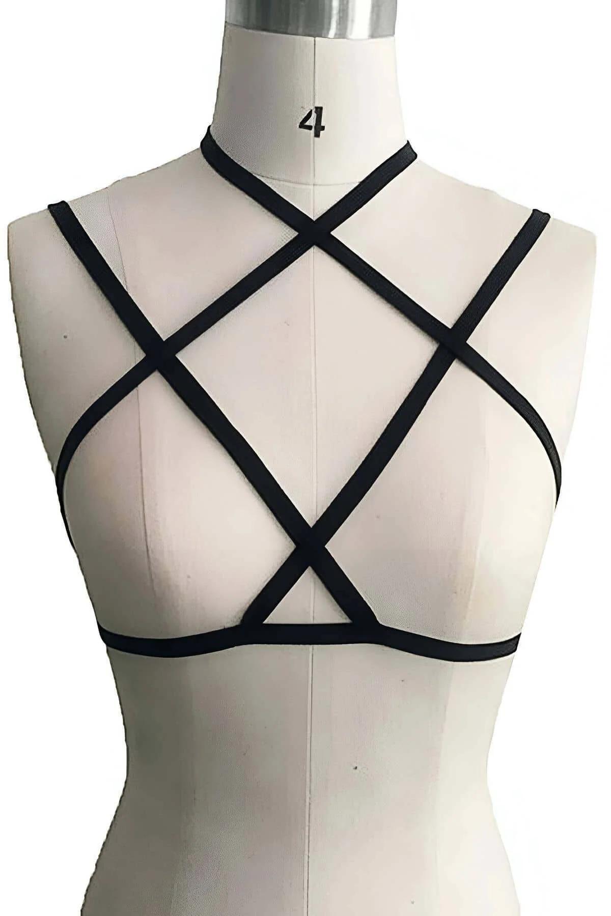 Siyah elastik çapraz şeritli göğüs harness bralet, boyundan alt banda X desen, mankende