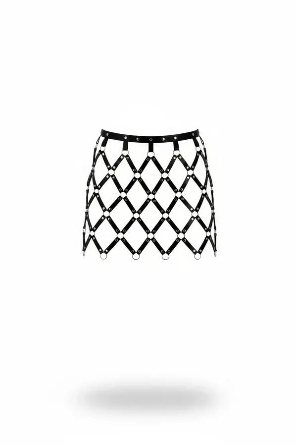 black faux leather cage skirt with diamond-grid straps and silver metal O-rings at every intersection, mini length