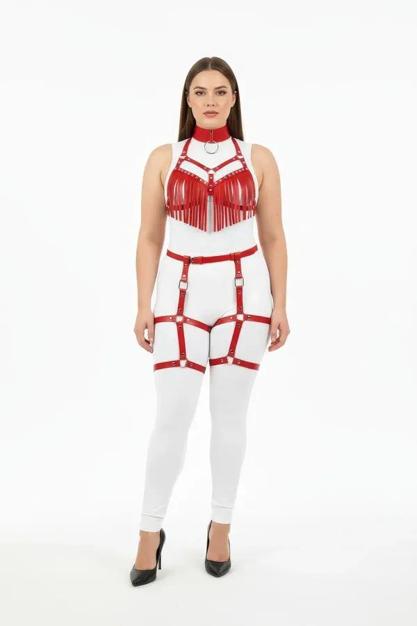 red faux leather fringe harness bra with choker collar and silver O-ring, paired with red thigh garter harness set