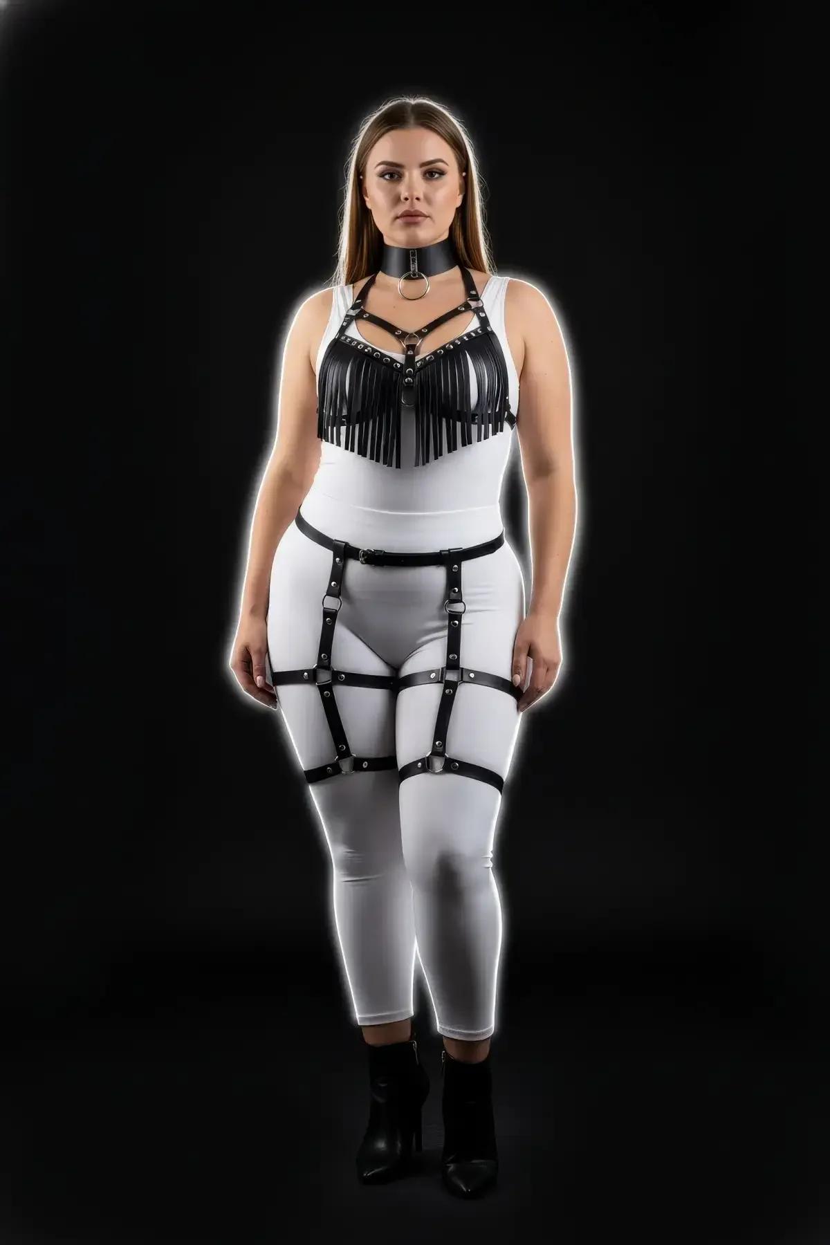 black faux leather leg garter harness with silver D-rings and thigh cage detail