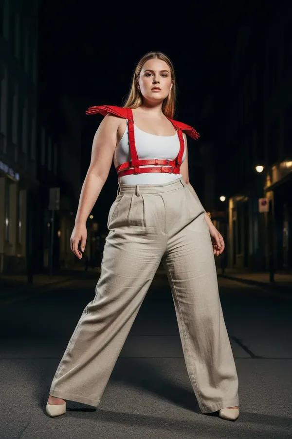 red faux leather chest harness with fringe spike shoulder epaulettes and dual silver buckle straps worn over cream top