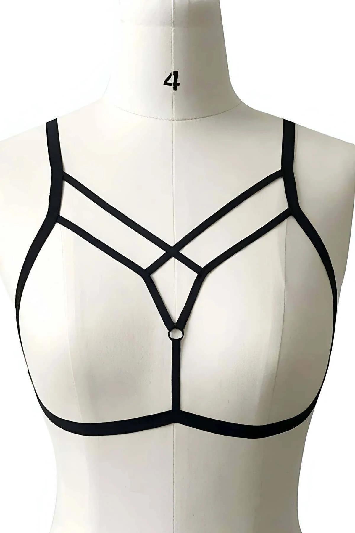 siyah lastik harness S/M L/XL beden göğüs üzerinde çapraz X çizgi görünümü