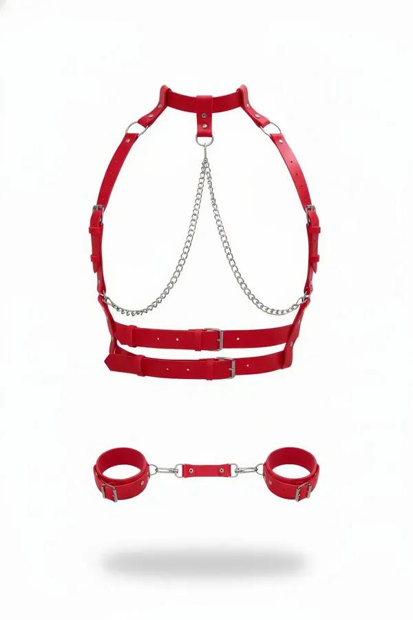 red faux leather body harness with silver chain and detachable wrist cuffs, flat lay on white background