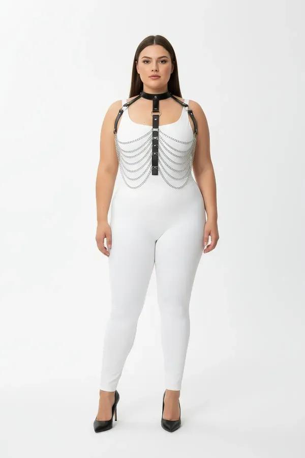 black faux leather body harness with eight cascading silver chains and collar choker, front view on plus-size model