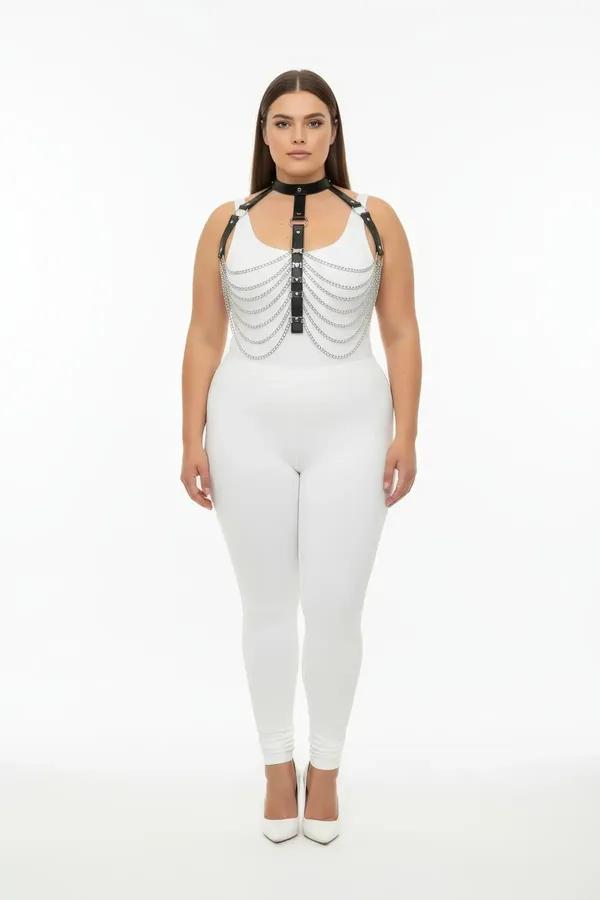 black faux leather body harness with eight cascading silver chains and collar choker, front view on plus-size model