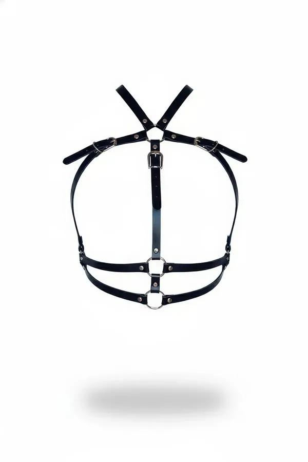 black faux leather o-ring chest harness with silver buckles and adjustable straps front view