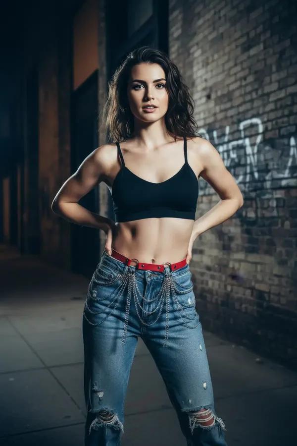red faux leather waist harness with cascading silver chains worn over light-wash denim jeans