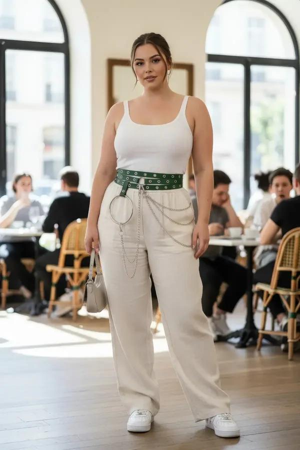 Wide green vegan leather grommet belt with silver O-ring chain drape worn at natural waist over cream wide-leg trousers
