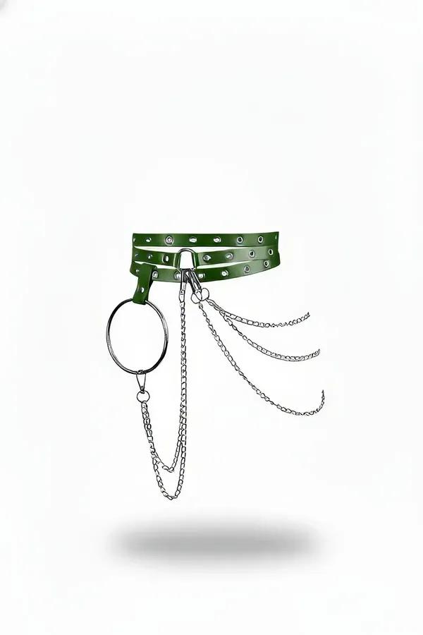 forest green faux leather triple strap waist harness with silver O-ring and cascading link chains