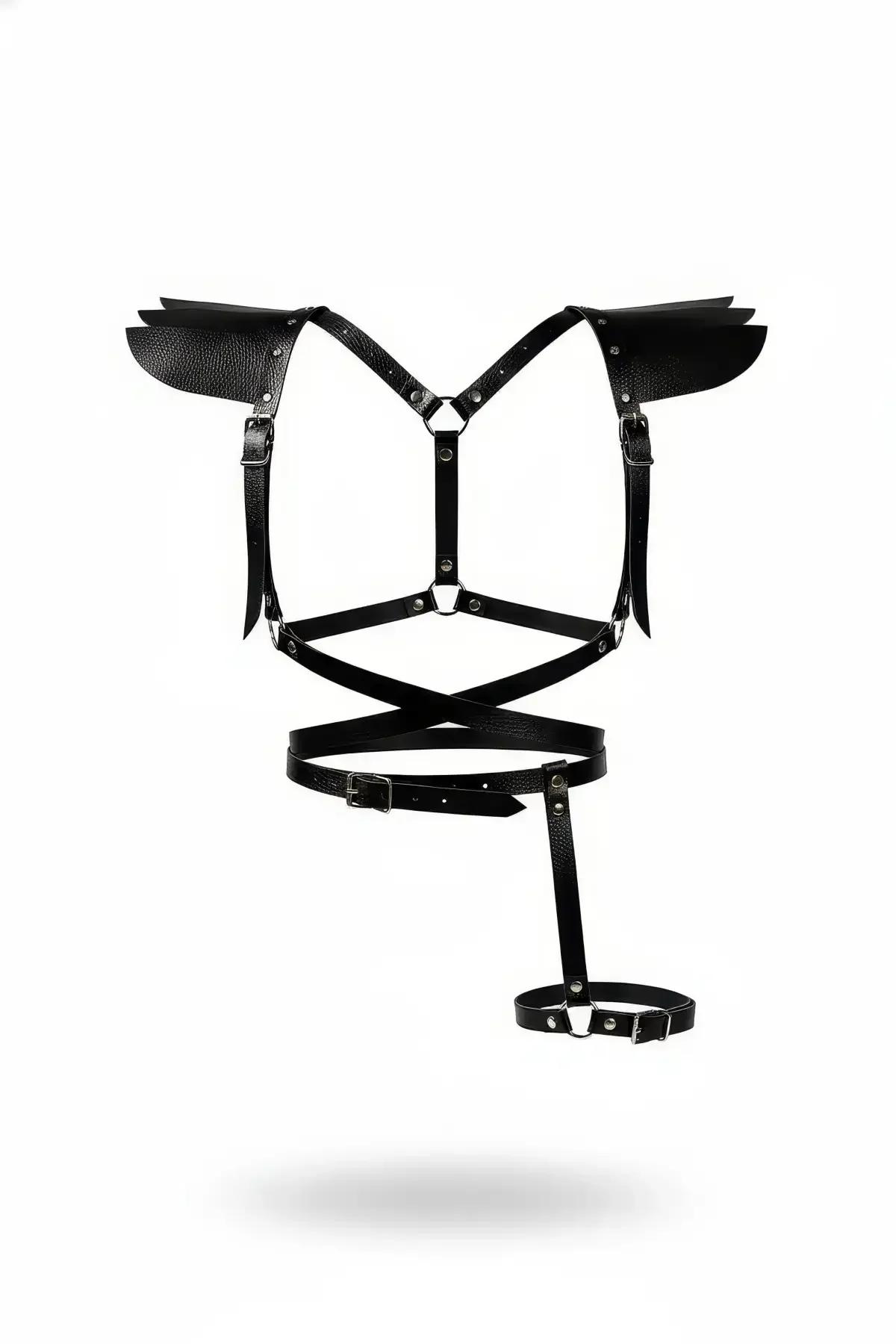 black faux leather body harness with structured wing shoulder pads cross-front chest straps and thigh garter silver hardware