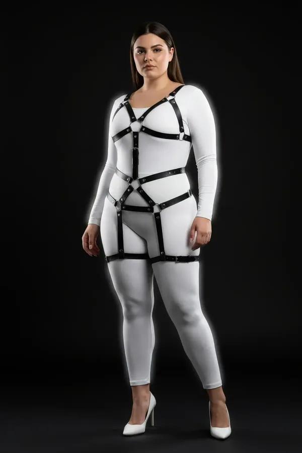 Plus size black faux leather full body harness with silver O-ring connectors and adjustable chest waist and thigh straps