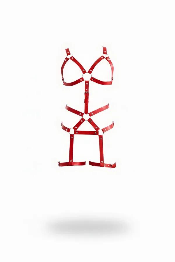 kırmızı vegan deri tam beden jartiyer harness gümüş metal O-halka ve uyluk bantı detaylı
