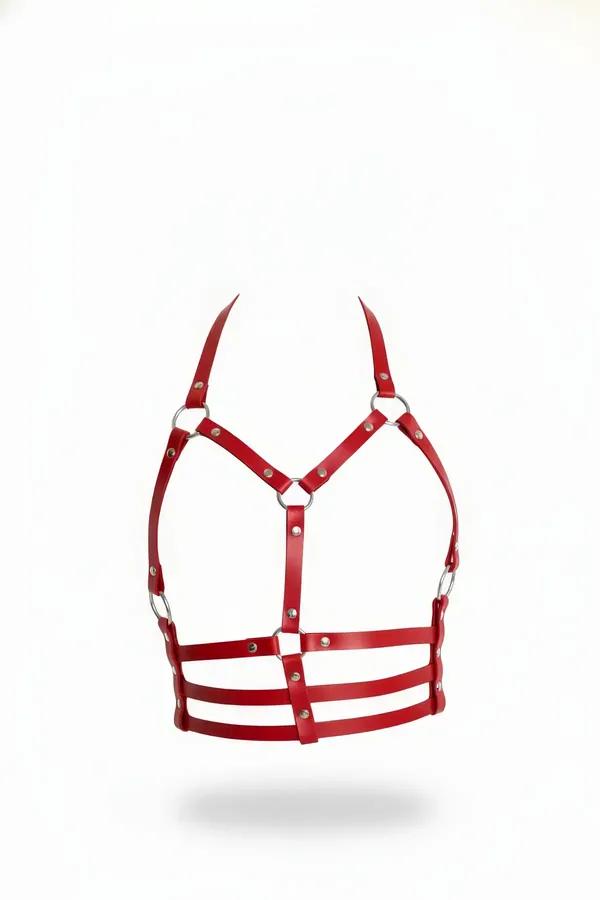 red faux leather underbust cage harness with silver O-rings and triple horizontal bands front view