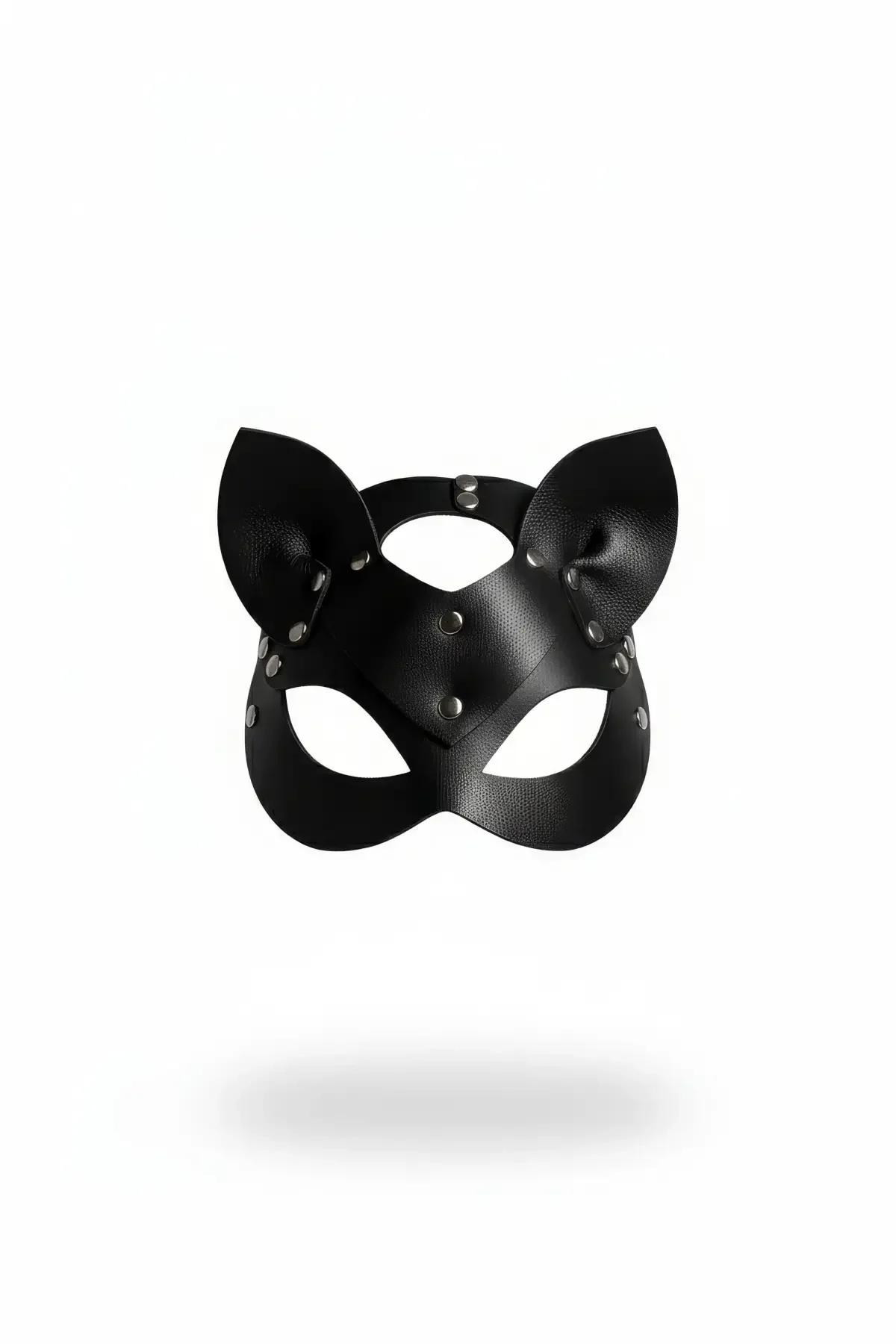 black faux leather cat eye mask with pointed ears and silver gunmetal stud rivets on white background