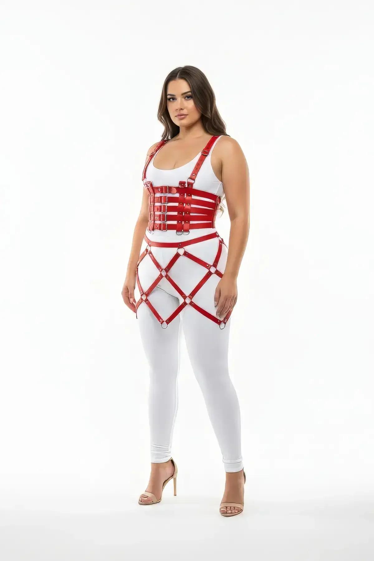 Close-up of red faux leather bustier four-band structure with silver buckle hardware and O-ring connectors