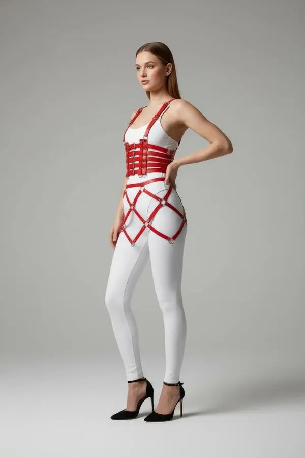 red faux leather chest and waist harness set with multi-strap structured chest piece and geometric cage hip straps silver O-r