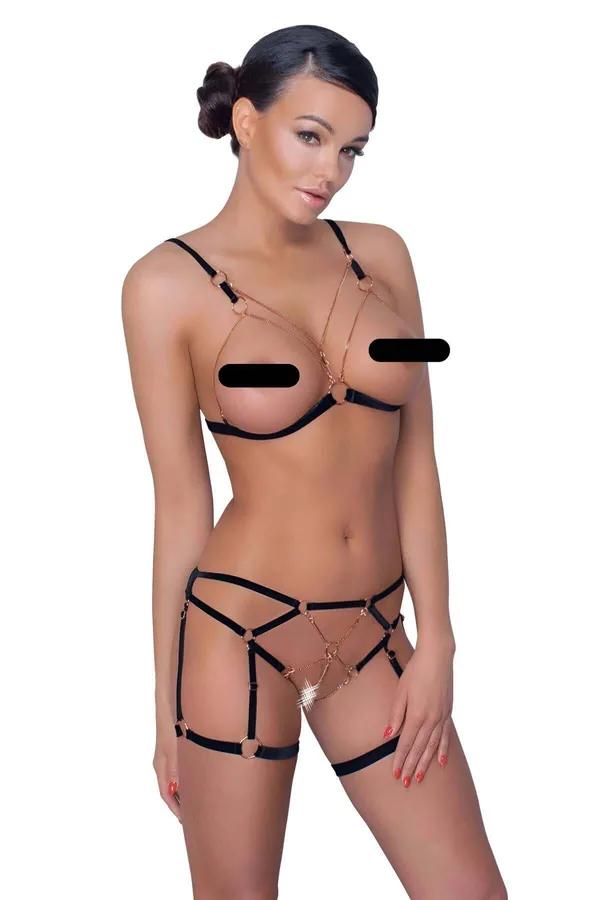 siyah elastik bantlı jartiyer harness takımı altın zincir ve O-ring detaylı, ön görünüm