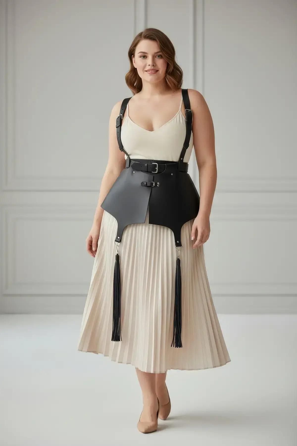detachable black tassel garters on silver O-ring clips attached to peplum waist harness
