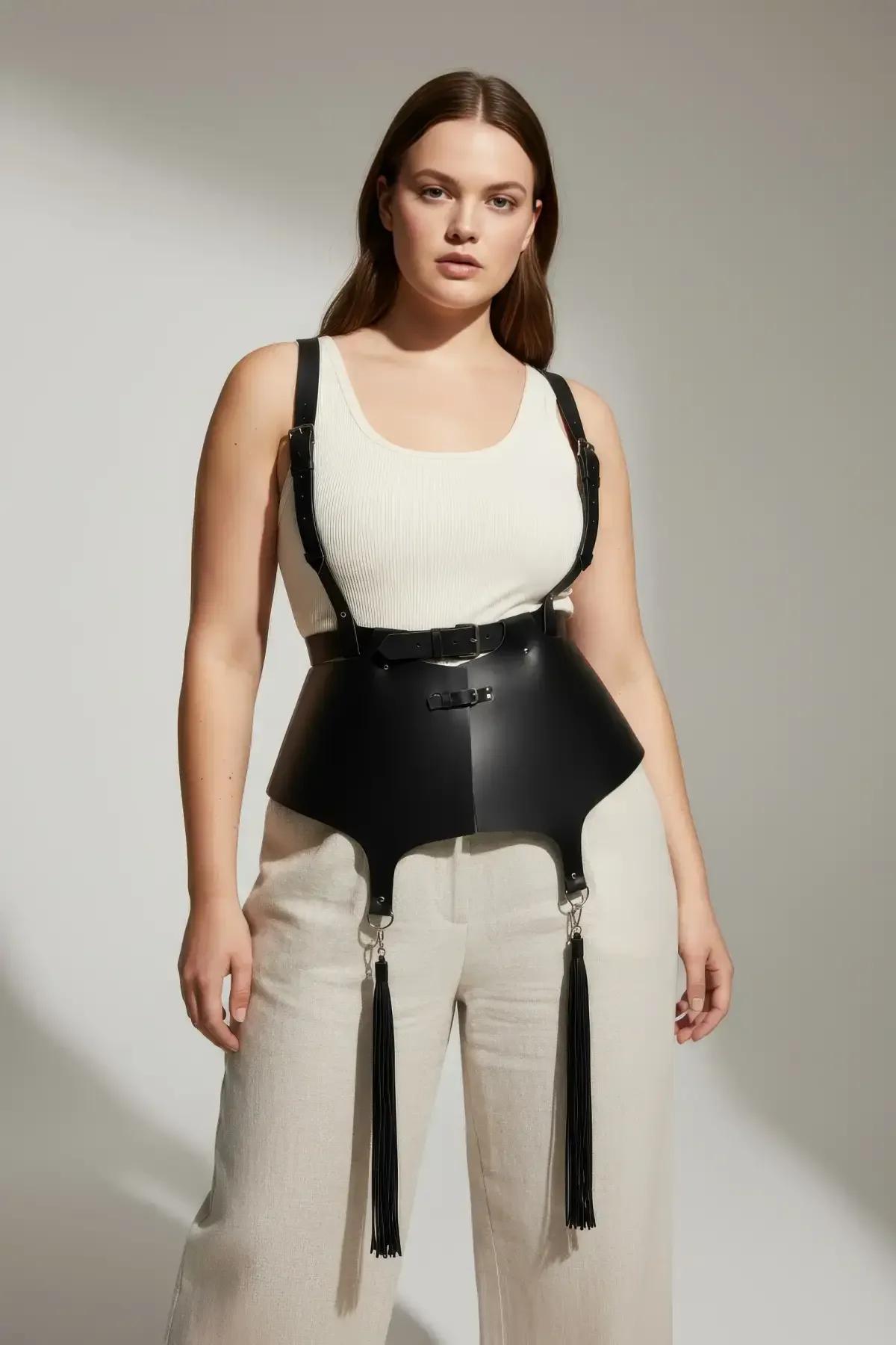 black faux leather peplum waist harness without garters showing clean waist belt silhouette