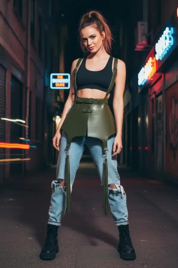 olive faux leather peplum waist cincher with tassels and adjustable shoulder straps styled over black crop top and jeans
