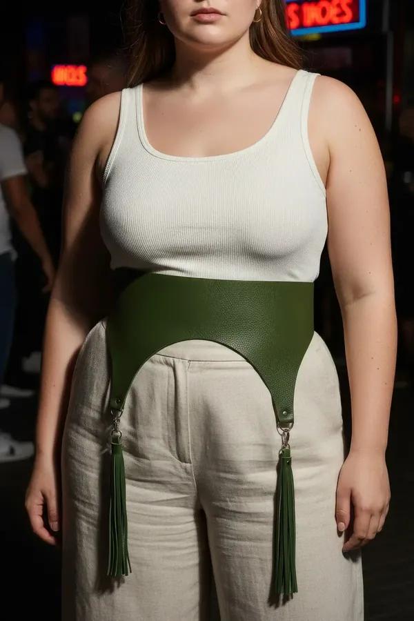 olive green wide faux leather waist harness with detachable tassels and silver clip hardware worn over white tank and beige t