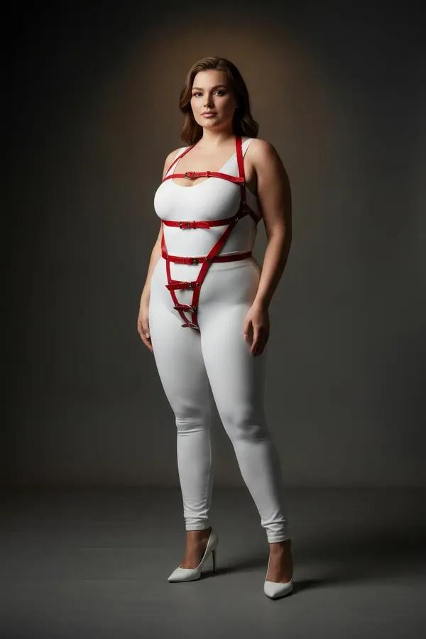 red faux leather body harness with geometric cage straps and silver buckles worn over white bodysuit plus-size model