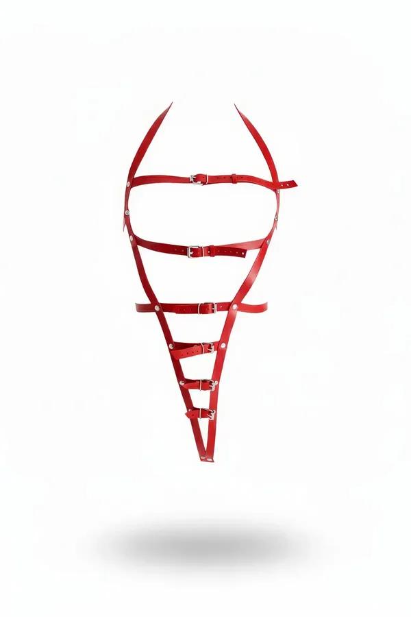 kırmızı faux leather göğüs harness çoklu gümüş tokalı merdiven desenli dar bantlar S-XL