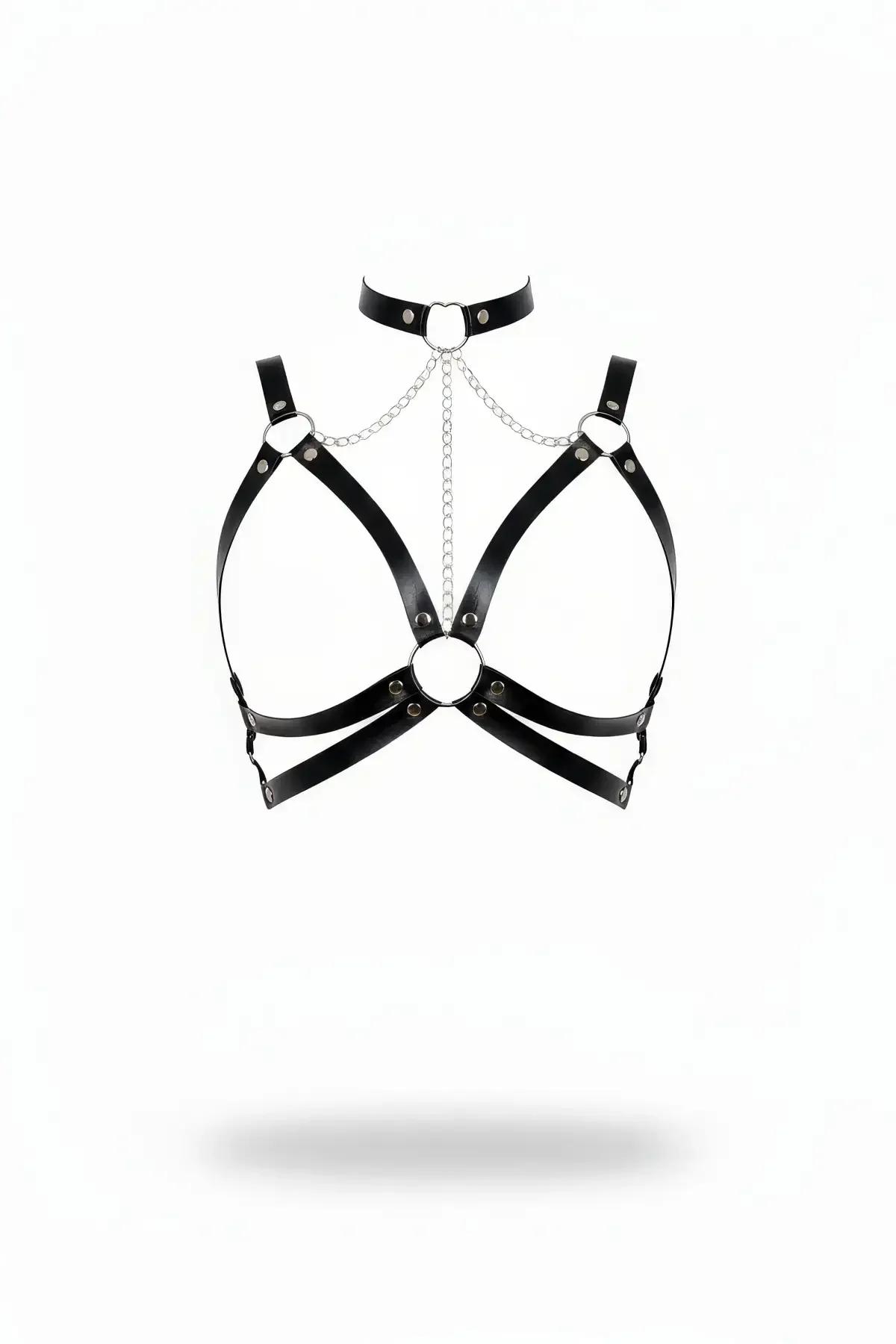 siyah vegan deri göğüs harness gümüş zincirli choker O-ring detaylı aksesuar