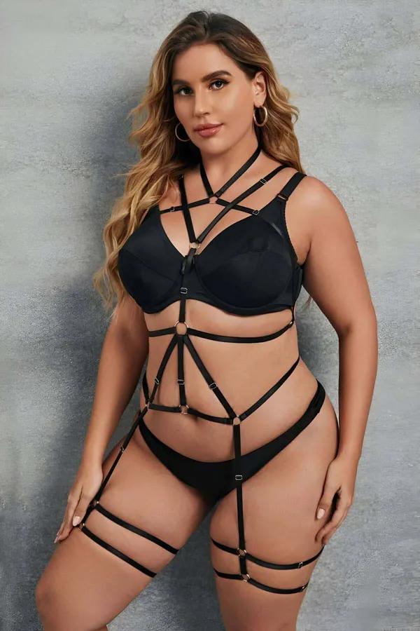 siyah elastik lastik body harness altın o-ring toka detaylı göğüs bel uyluk tam vücut bant tasarımı