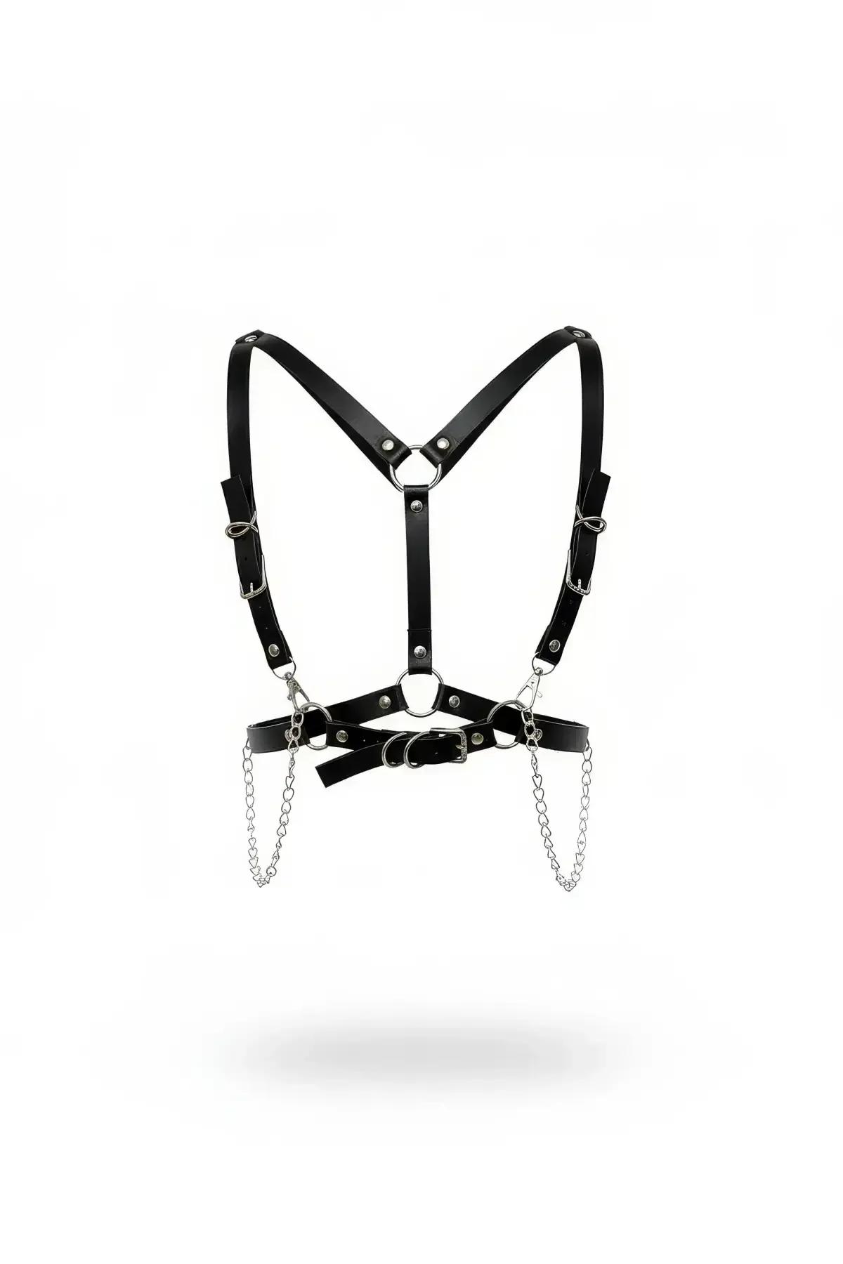Siyah faux leather vücut kemeri gümüş zincir detaylı Y-omuz şeritli harness aksesuar