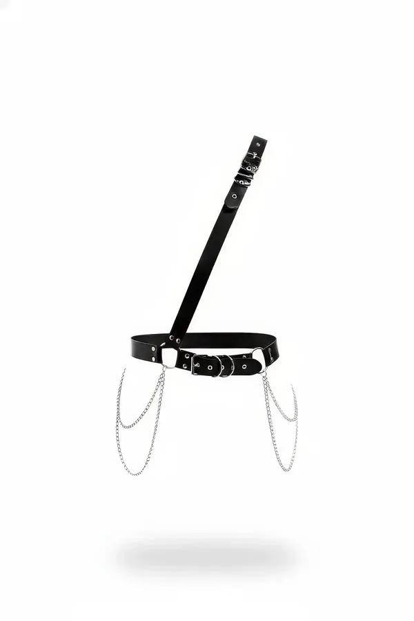 Black faux leather single shoulder chain harness with draped silver-tone chains and adjustable waist belt