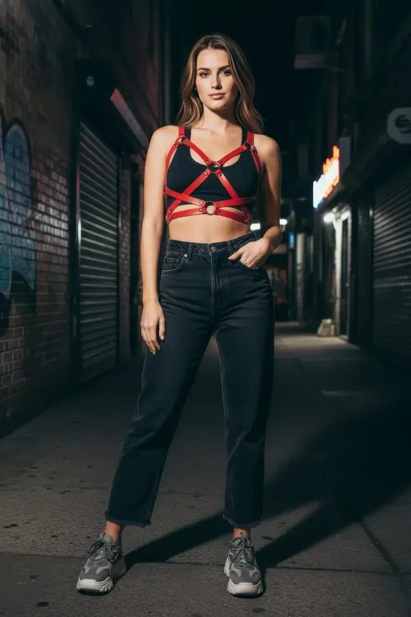 Red faux leather chest harness with double silver O-rings and criss-cross adjustable straps worn over black bodysuit
