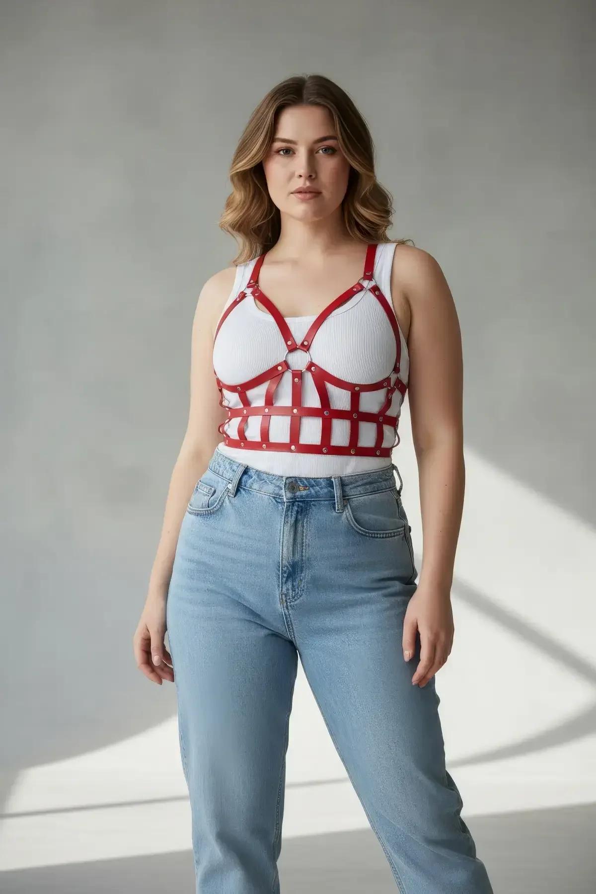 red PU faux leather cage harness front view showing horizontal and vertical strap grid with silver rivet hardware